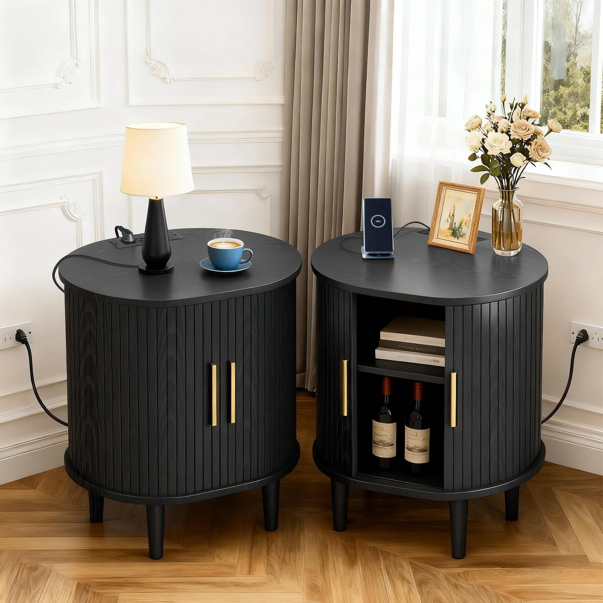 Mid Century Modern Nightstand with Charging Station, Fluted Side Table with Sliding Door & Adjustable Shelf, Black