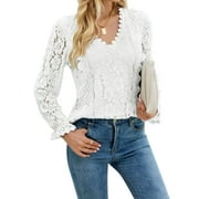 Cogild Women Lace Crochet Blouse Tops Casual V Neck Long Sleeve Hollow Elegant T Shirt