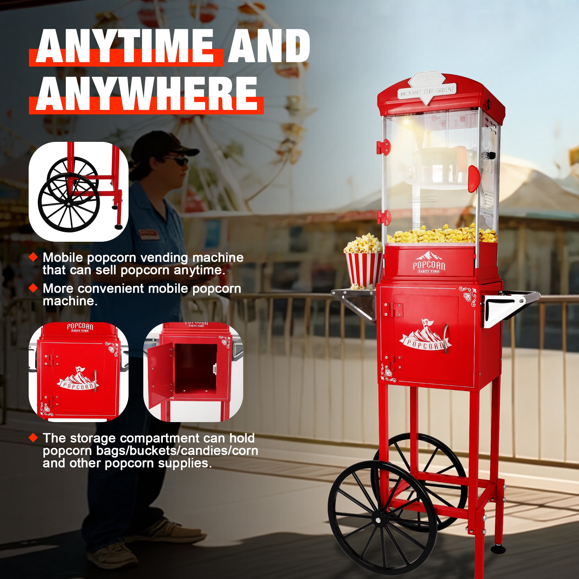 Leumius Popcorn Machine with Cart ,Wheels & 10 Oz Kettle Popcorn Maker Measuring 3 plastic Spoon for Parties, Events, and Home Theater Red