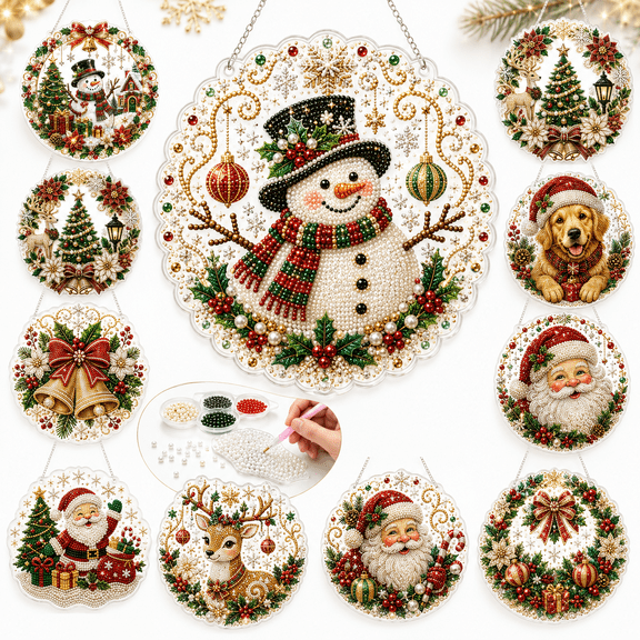 Christmas Pearl Diamond Painting Suncatcher Kit, DIY 3D Pearl Art Kit with Acrylic Hanging Ornament, Christmas Diamond Art Craft for Adults, Holiday Window Decor