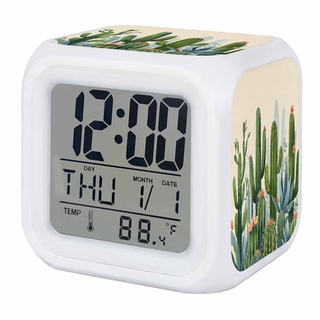 Green Cactus Digital Alarm Clock for Bedrooms, Smart LED Alarm Clock with 7 Color Changing Night Light, Watercolor Summer Botanical Beige Silent Wake Up Clocks for Sleep Study Cooking 3.2"x3.2"