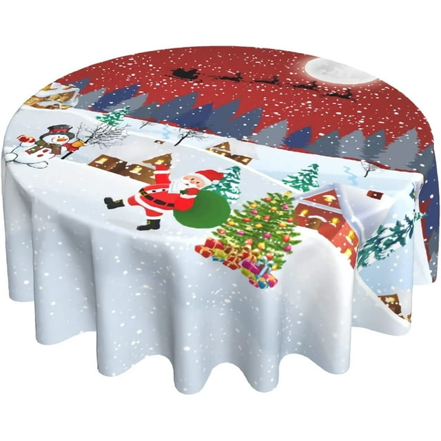 Christmas Tablecloth, Snowman Winter Tablecloth Round 60 Inch, Tree Santa Sleigh Gifts Moon Snow Table Cloth Farmhouse Red Tablecloths for Picnic Party Outdoor Dining Room Christmas Decorations