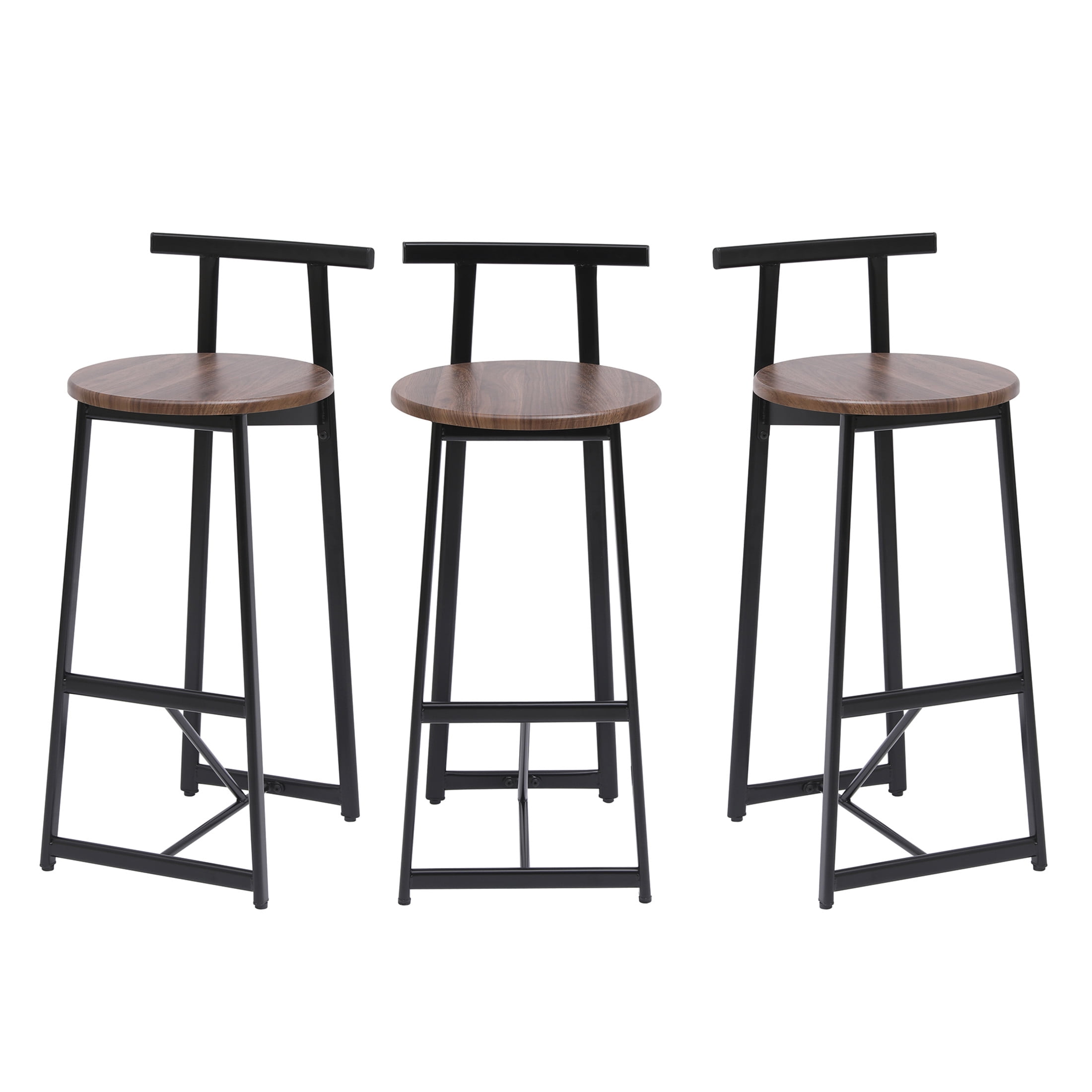 Noble House 34.25" Counter Height Bar Stools Set of 3 with Backrest & Footrest, Metal Frame, Black+Walnut