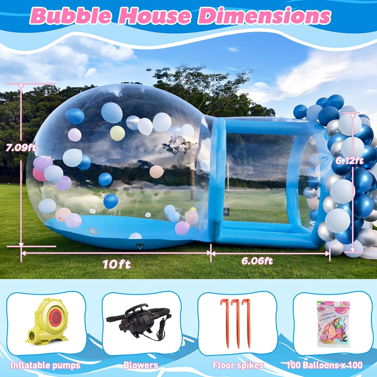 Vakiorn Blue Bubble Balloon House 10 ft Inflatable PVC Dome with Tunnel and Air Pump Clear Playhouse for Kids Party Yard Decoration