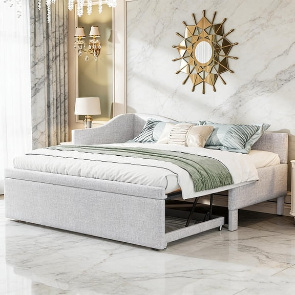 Twin Size L-Shaped Upholstered Daybed with Pop-Up Trundle, Space-Saving Beige Bed for Guest Room & Home Office(No Mattress)