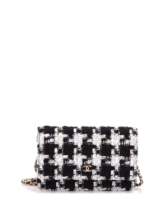 Pre-Owned Wallet on Chain Quilted Houndstooth Tweed and Ribbon By Rebag