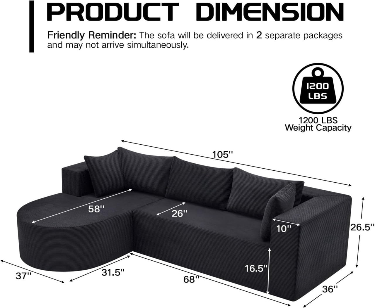 105" Cloud Sectional Couch with Chaise, Boneless L-Shaped Modular Sectional Sofa for Living Room, Comfy Cloud Couch with Deep Seat