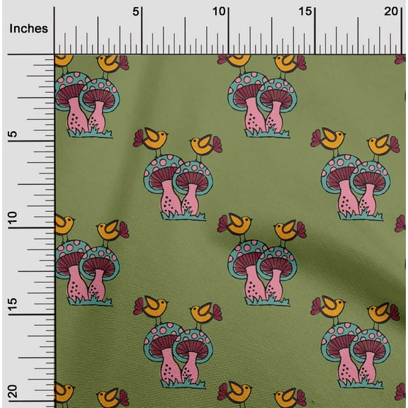 oneOone Organic Cotton Poplin Twill Fabric Bird & Mushroom Block Fabric Prints By Yard 42 Inch Wide