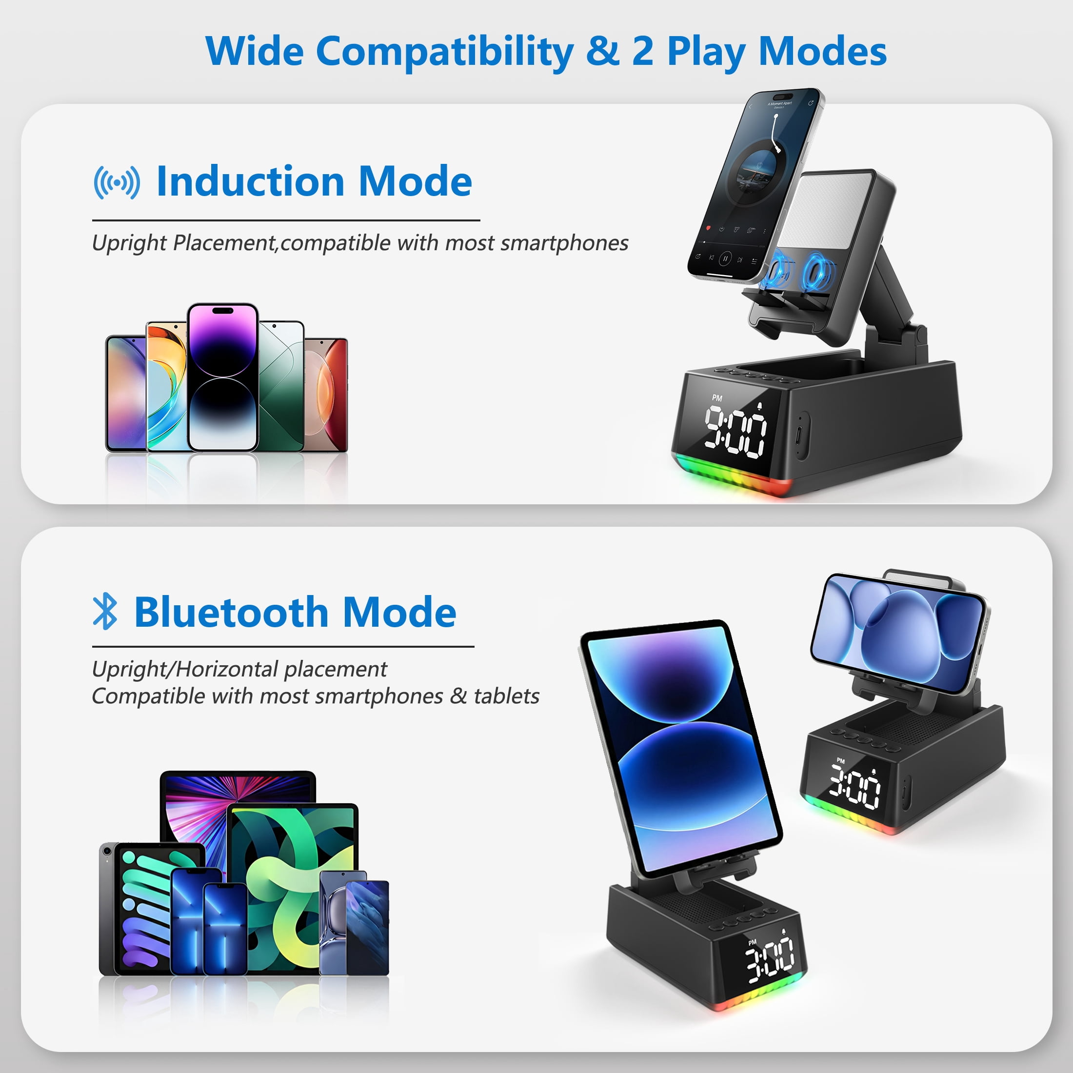 Wireless Induction Bluetooth Speaker, 5-in-1 Cell Phone Stand with Stereo Sound and Rechargeable RGB Light, Adjustable Holder for IPhone Android, Tech Gadget Gifts for Men Women