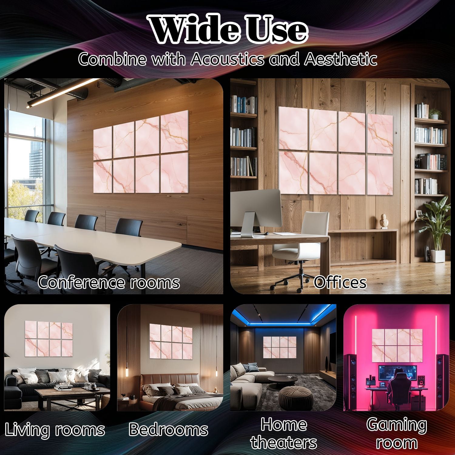 8 Pack Art Acoustic Panels Sound Absorbing Pink Marble Soft Veins Elegant Abstract Decorative Soundproof Wall Panels Self Adhesive for Nursery Game Room Bedroom 48"x32"