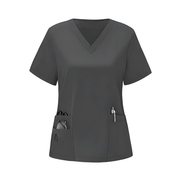 Domuza Women's Scrub Tops Casual Soft Stretchy Short Sleeve V-Neck Tshirts Breathable Comfortable Nurse Uniforms Tops with Multiple Pocket Gray XL