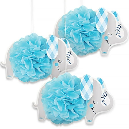 Elephant Hanging Tissue Pom Pom Decorations I Blue I 3 Pcs