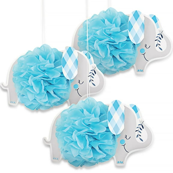 Elephant Hanging Tissue Pom Pom Decorations I Blue I 3 Pcs