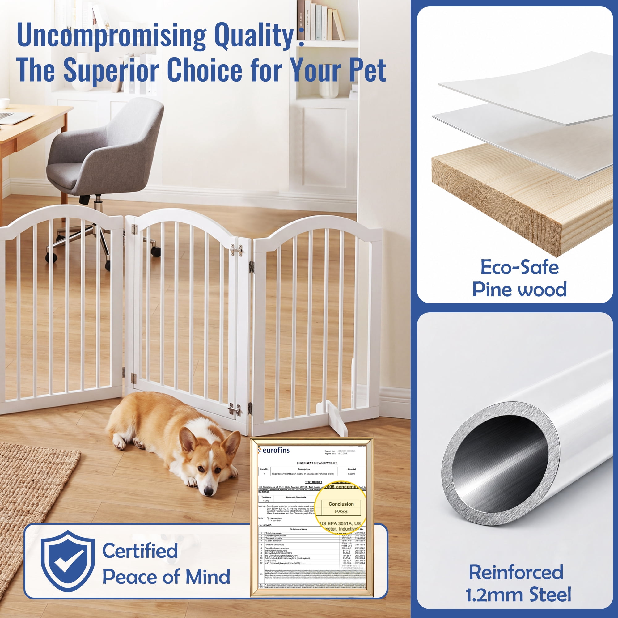 TrumanPick 30" H Extra Tall Dog Gates for Doorways, 4-Panel Foldable Pet Gate, 2 Support Feet Dog Fence for Stairs 95"L, White