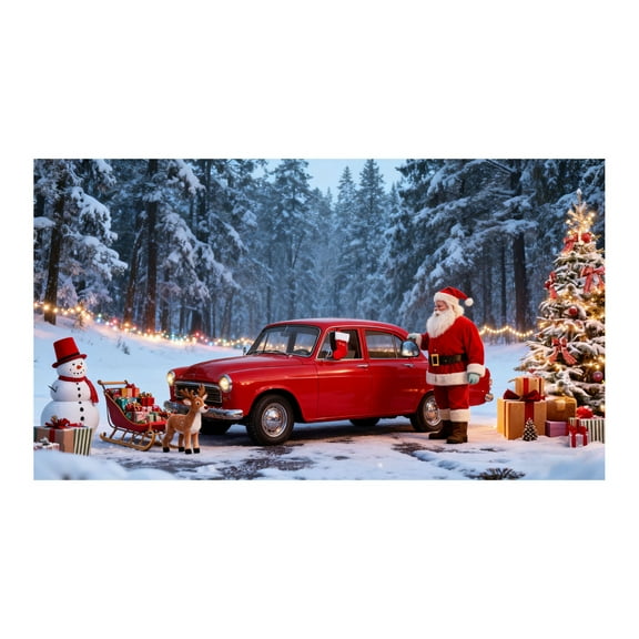 Christmas Garage Door Cover - Santa Claus & Vintage Truck Holiday Banner Decoration for 2-Car Garage - Large Outdoor Christmas Decor - 13x6ft