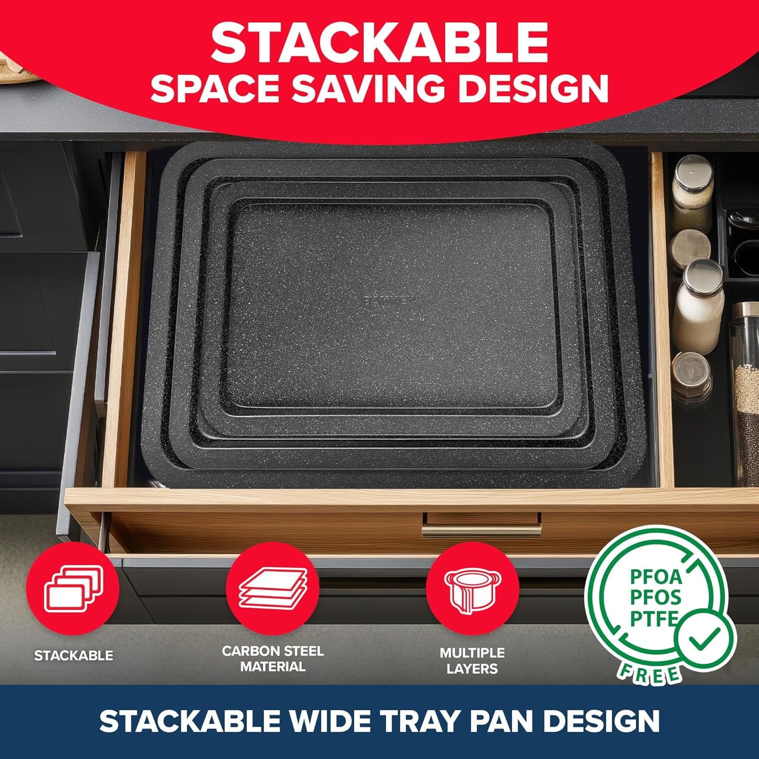 Bakken- Swiss 3-Piece Kitchen Baking Pan Set - Commercial Grade Carbon Steel Bakeware with Nonstick Coating, Stackable and Space-Saving Design, Oven Safe Tray (up to 450°F), Gray Marble
