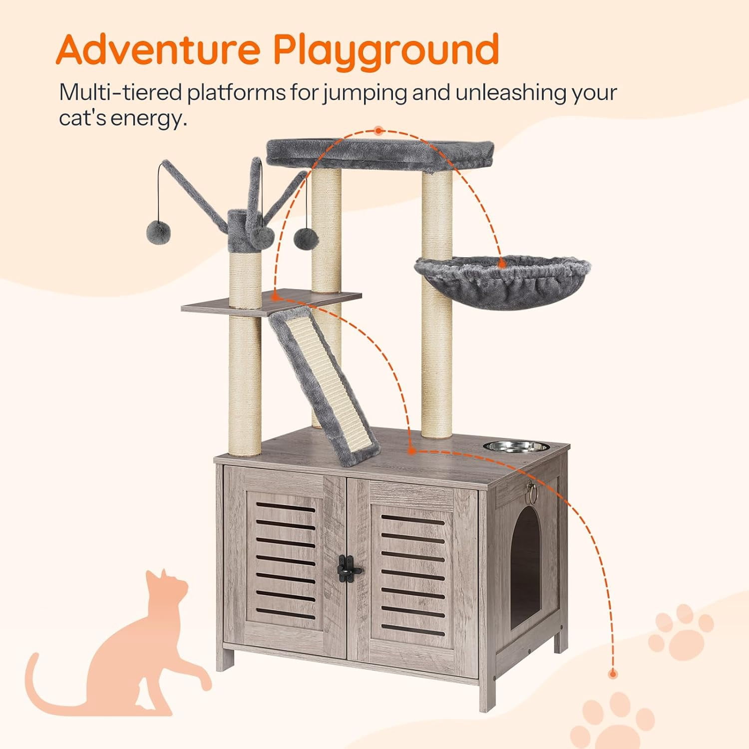 Cat Tree with Litter Box Enclosure, 44" Tall Wooden Cat Tower with Scratching Posts, Cat Hammock, Hidden Litter Box Furniture, All-in-One Indoor Cat Condo, Greige BG48MZ03