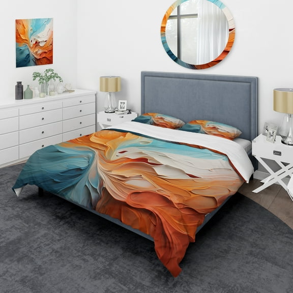 Designart "Teal Orange Bold Abstract Flow composition I" Abstract Collages Bedding Covert Set - Dams Teal Abstract Bed Set With 2 Shams