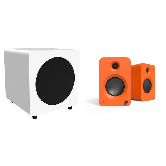 Kanto Ren Powered Speaker System (orange)   Kanto SUB8 Powered 8in Subwoofer(white)