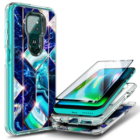 Nagebee Case for Motorola Moto G Play 2021 with Tempered Glass Screen Protector (Full Coverage), Glossy Stylish Finish, Shockproof Protective Hybrid Bumper Case (Marble Series Blue)