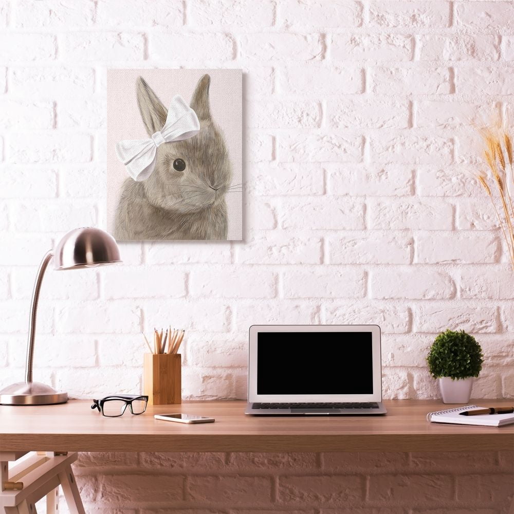 Bunny Pink Bow Kids Animal Drawing Oversized Stretched Canvas Wall Art by Daphne Polselli