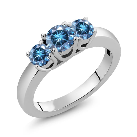 Gem Stone King 925 Sterling Silver 3-Stone Ring Round Persian Blue Moissanite and Vivid Moissanite Persian Blue (0.96 Cttw, Size 7)