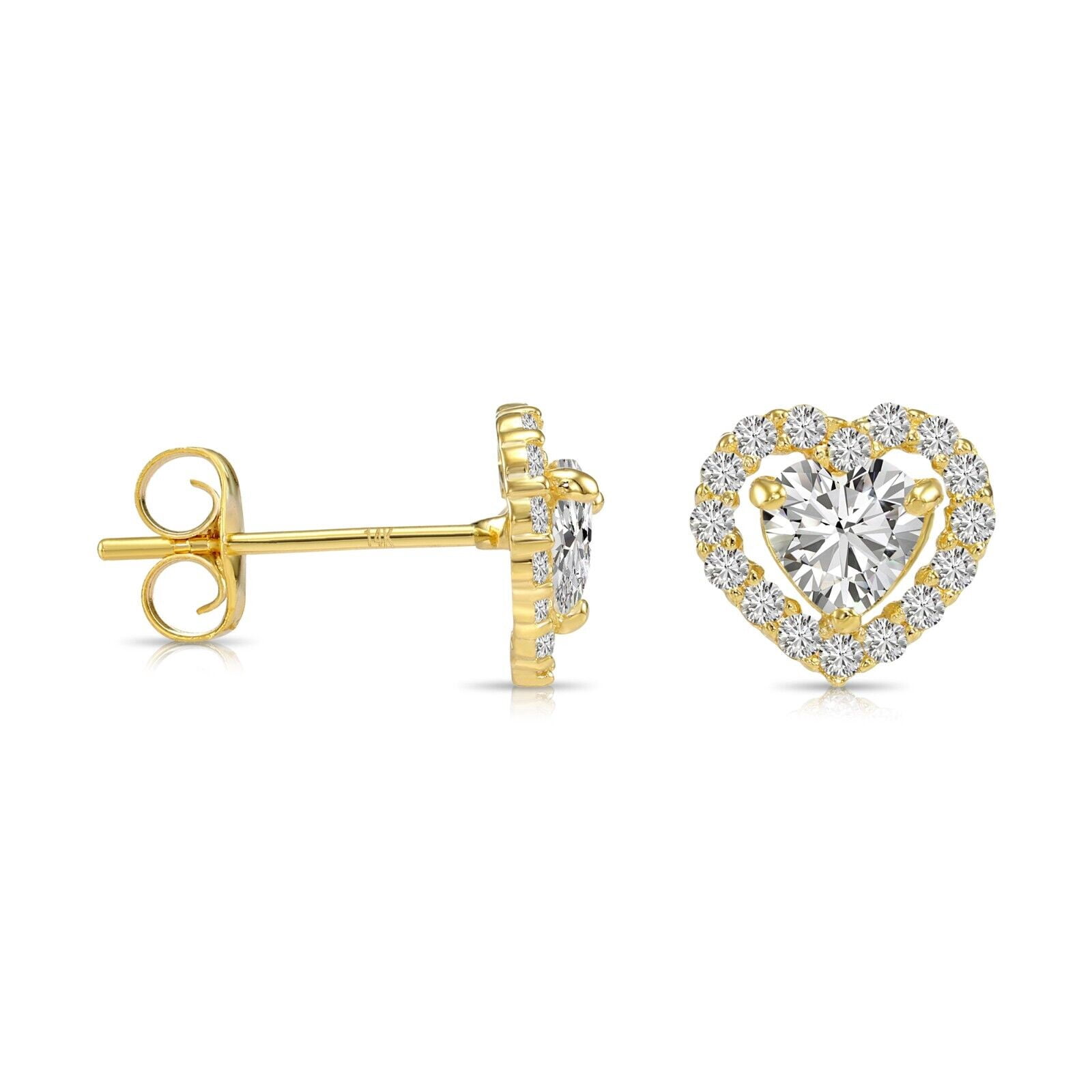 Tilo Jewelry 14K Yellow Gold Heart Halo Stud Post Earrings with Cubic Zirconia CZ Stones | Secure Push-Backs | Classic Everyday Earrings for Women & Unisex