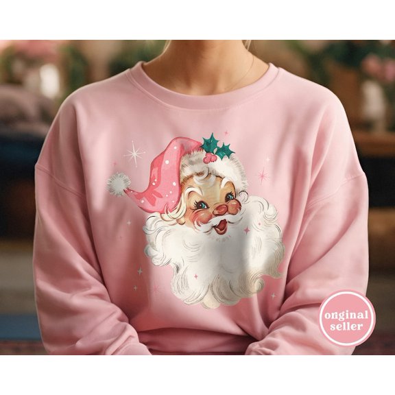 Retro Pink Santa Christmas Sweatshirt Gift for Her, Pink Christmas PJs Matching Family Pajamas Retro Christmas Shirt Vintage Holiday Sweater