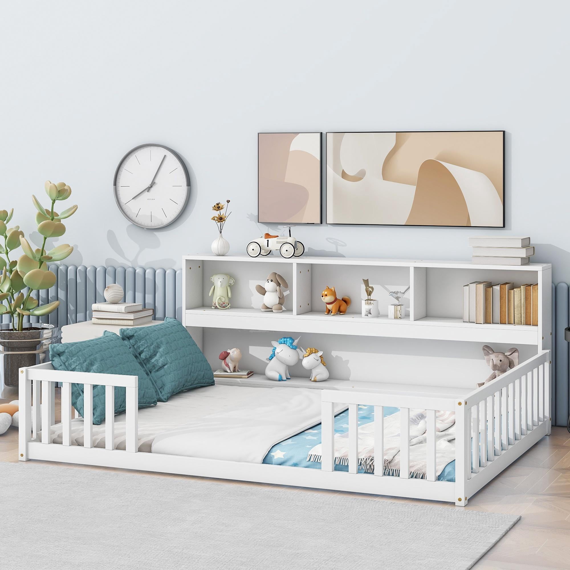 PORKISS Full Floor Bed Frame with Bookcase and Fence, Wood Kids Floor Bed with Storage Shelves, Montessori Bed, White