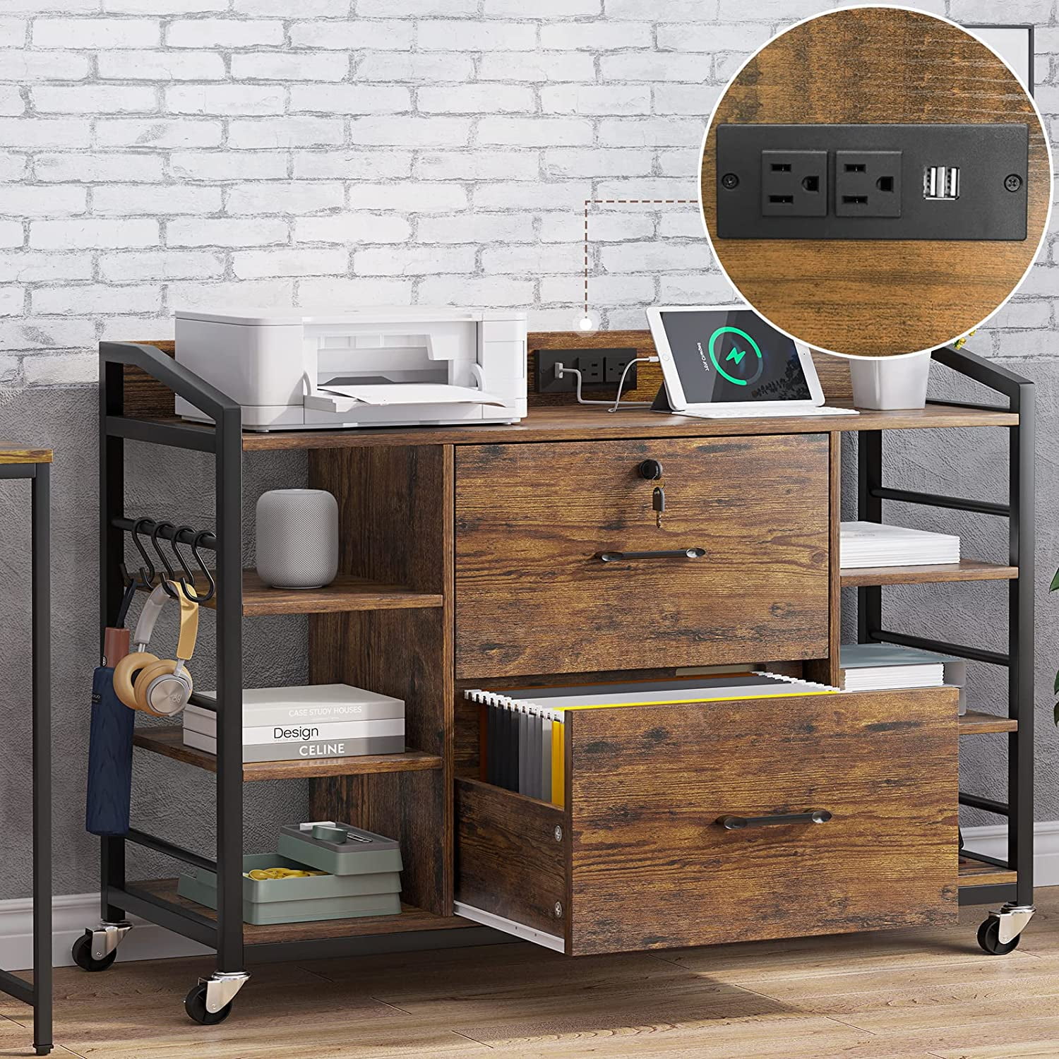 File with Lock, Mobile Printer Stand with Open Shelves for Home