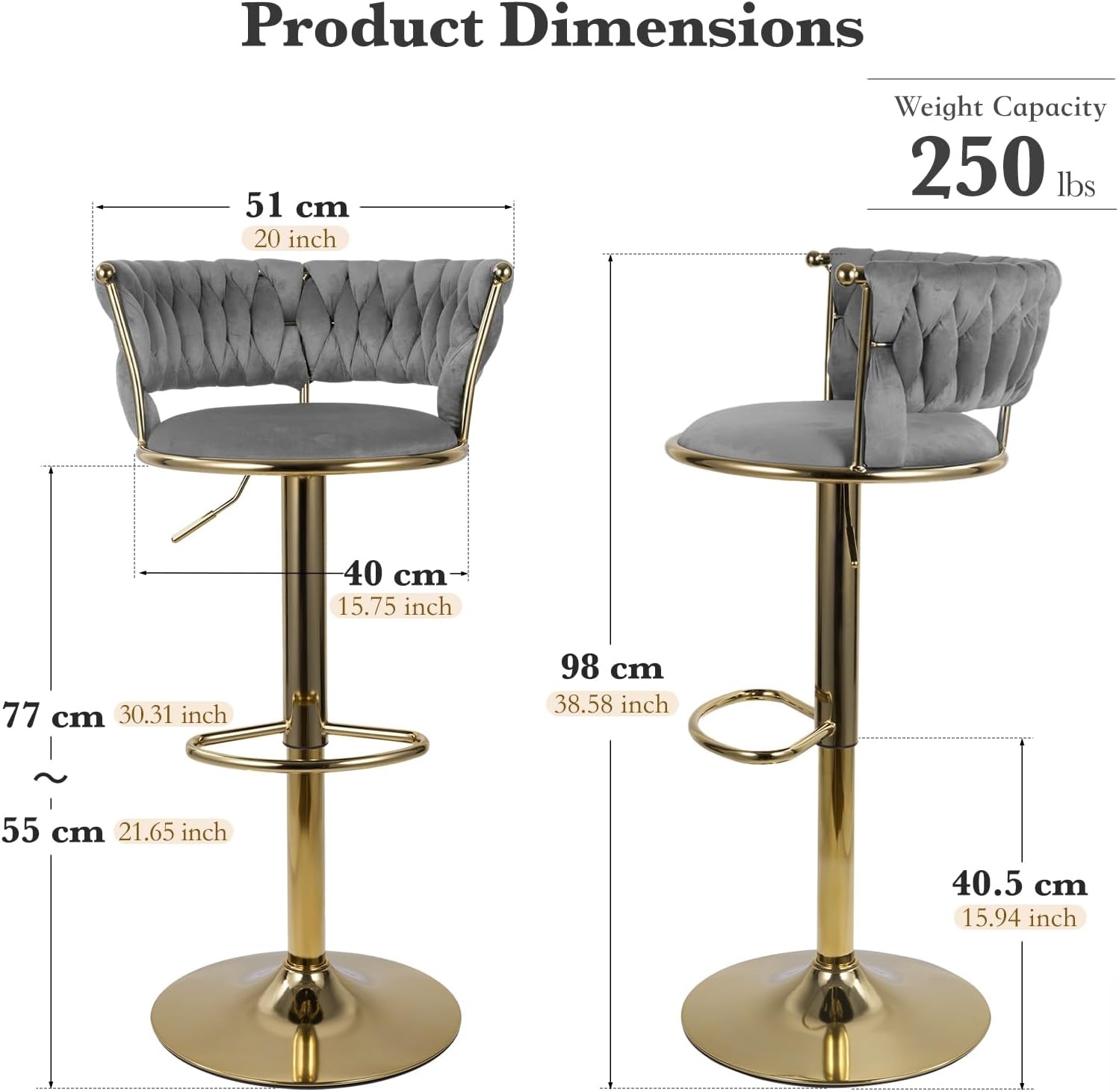Homefun Swivel Velvet Bar Stools Set of 2, Height Adjustable Counter Height Stools with Low Back, Gold Swivel Bar Chairs for Kitchen Island