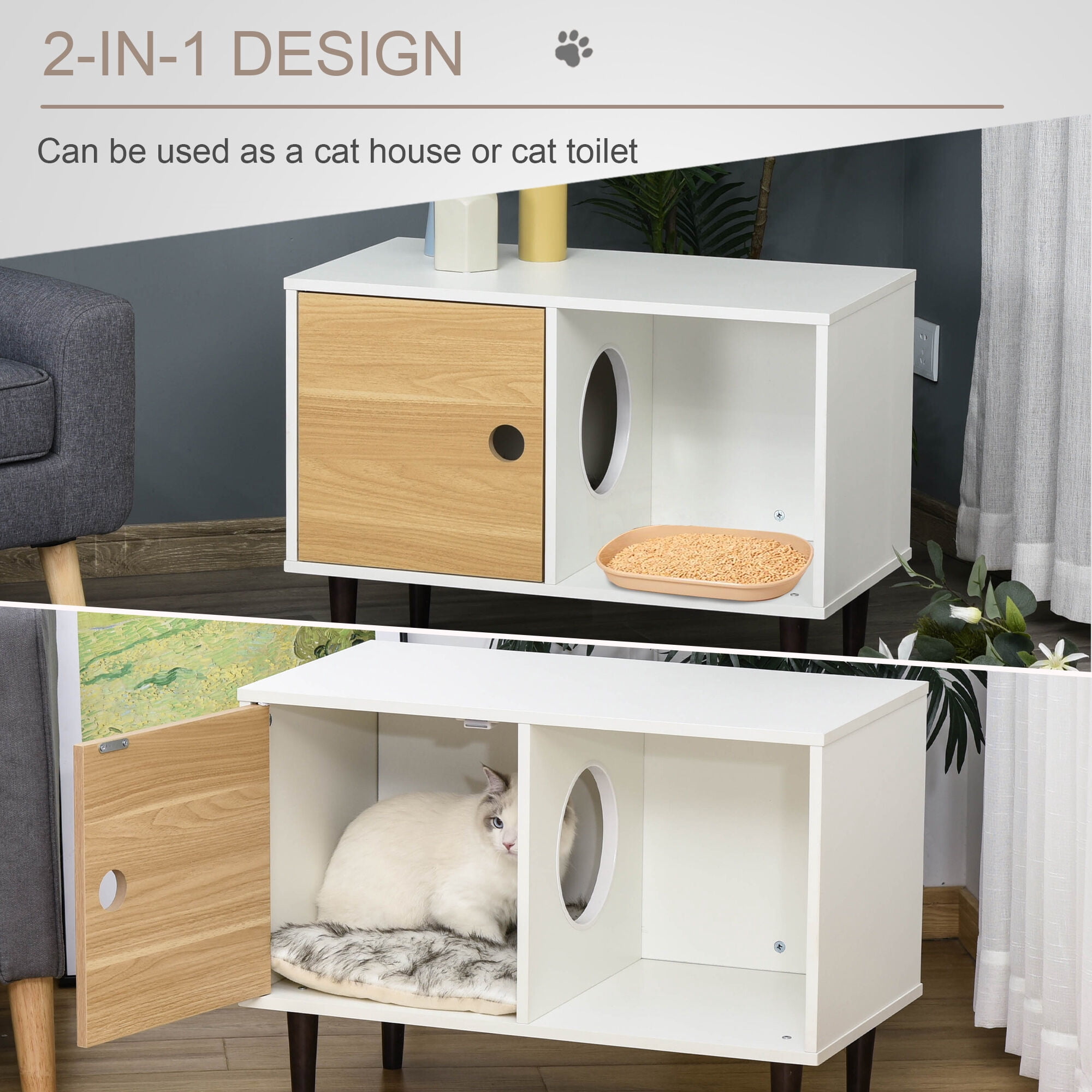 Orthopedic Dog Bed, PawHut Wooden Cat House with Soft Cushion, Decorative Kitten Condo Side Table, Elevated Pet House with Storage Space, White Dog Bed,Wood Cat Bed