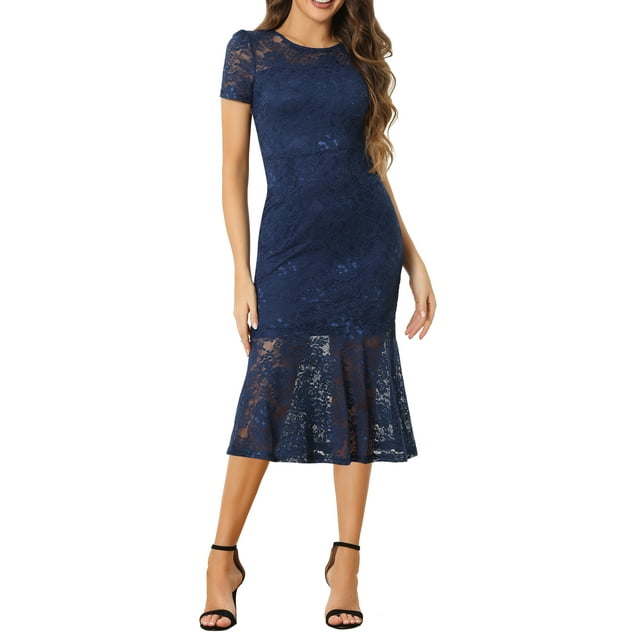 INSPIRE CHIC Vestido de encaje elegante para mujeres, vestido de cóctel midi de manga corta, vestido de sirena bodycon azul oscuro XL