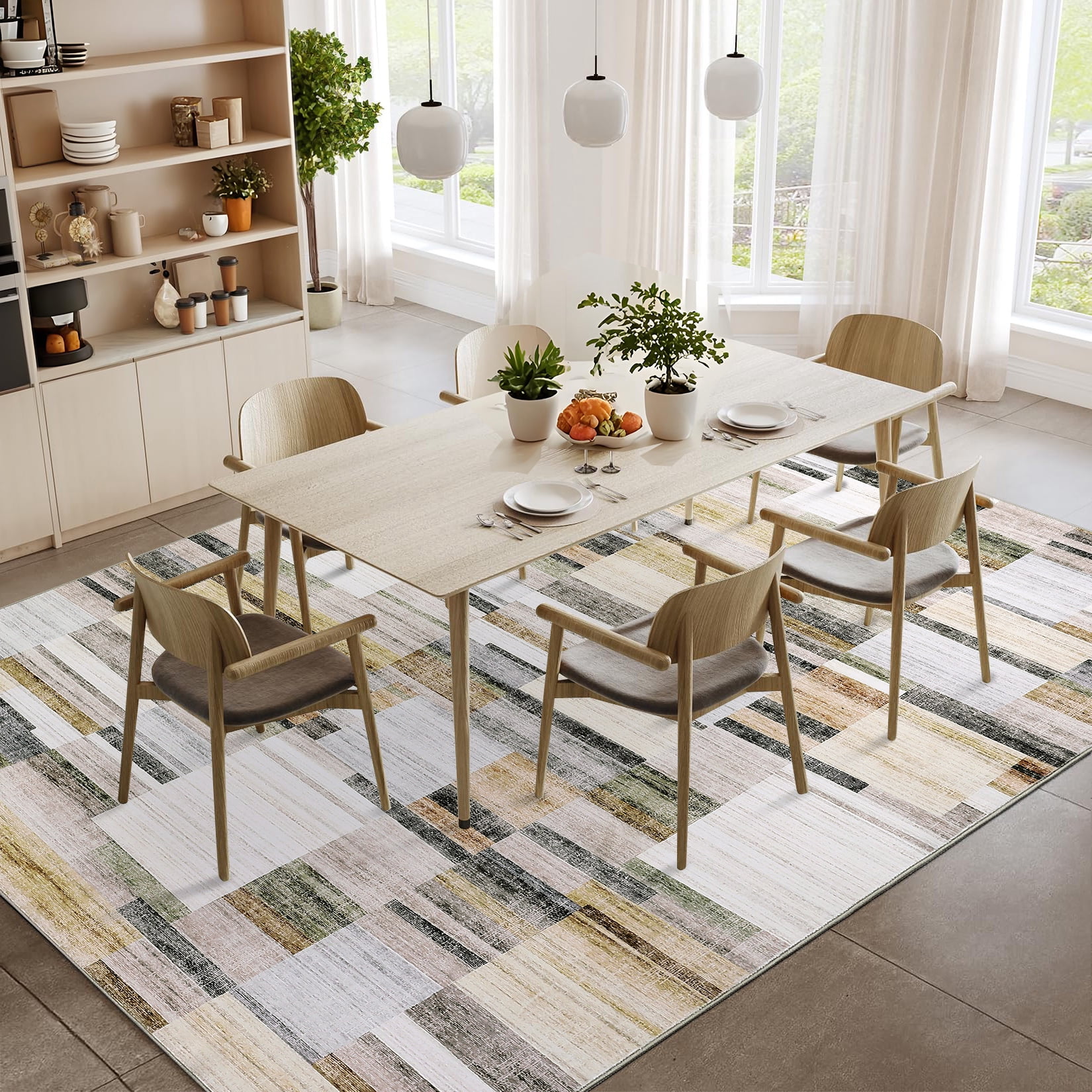 Garvee Geometric Area Rug 9x12 Modern Washable Rug for Living Room, Non-Slip Stain Resistant Indoor Carpet for Bedroom Dining Room Office, Khaki