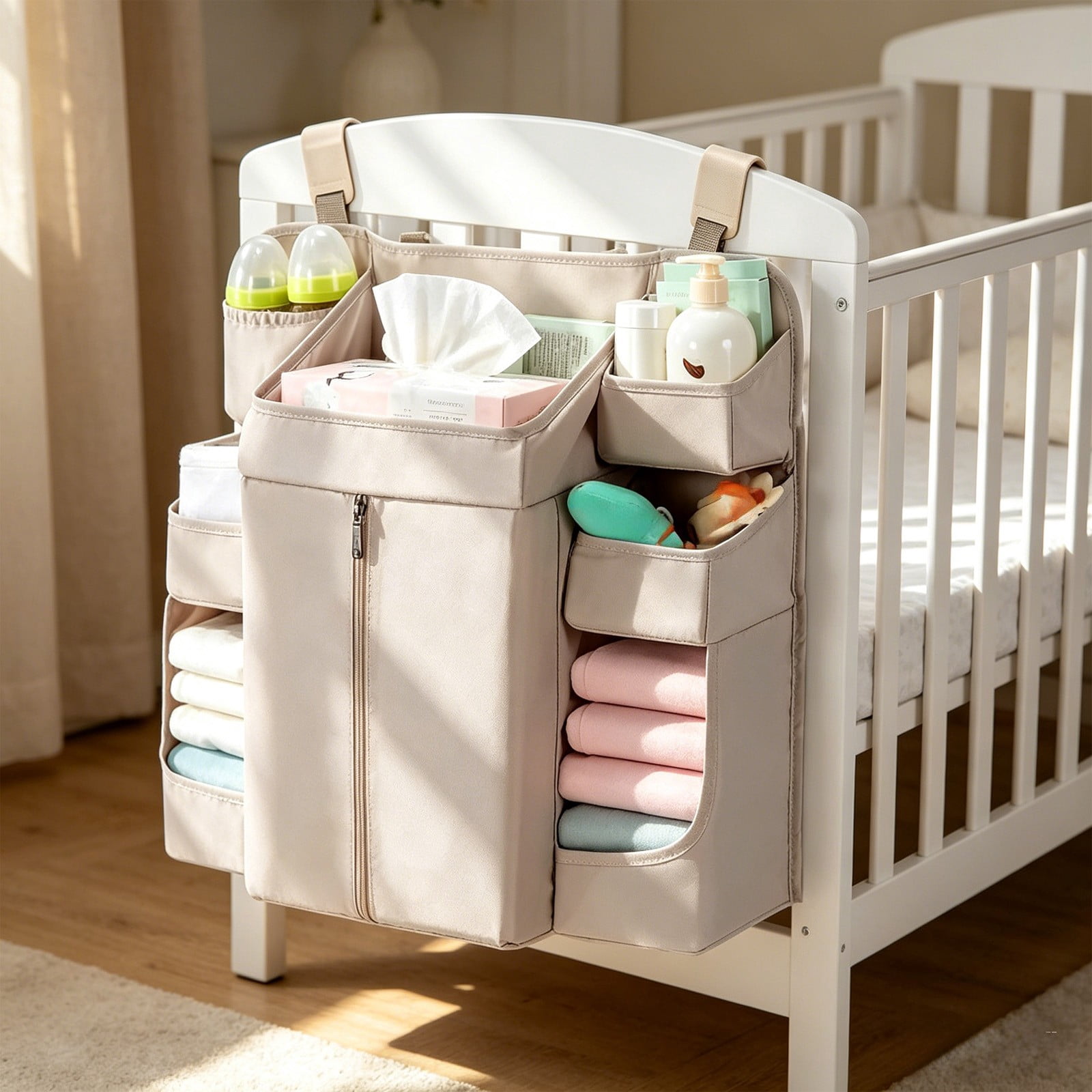 HAJAGP Nursery Hanging Diaper Caddy Organizer, Multi-Pocket Baby Storage Rack for Crib Rail, Large Capacity Washable Oxford Cloth Bin, Beige