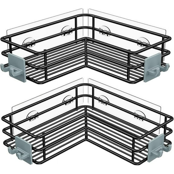 WZW Adhesive Corner Shower Caddy Shelf Basket Rack with Hooks, Rust Proof Stainless Steel Bathroom Shelf Shampoo Holder No Drilling (Black)