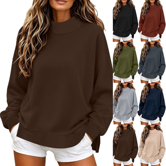 Hzzrkos Women Casual Loose Solid Color Crew Neck Long Sleeve Basic Pullover Sweatshirt Top