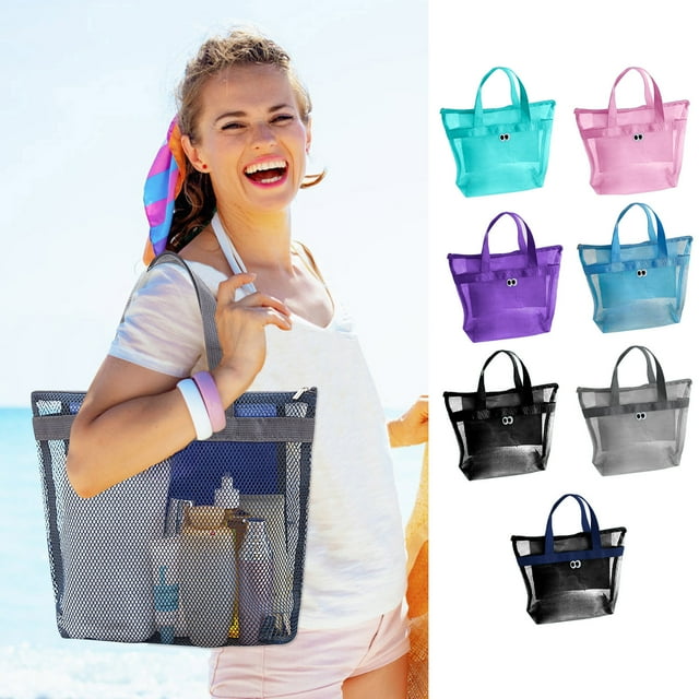 Xihbxyly Bolsa de Playa de Malla, Gran Capacidad, Diseño Ligero y Portátil, Impermeable, Plegable para Viajes, Picnic, Piscina, Vacaciones, Azul Marino, Gris, Verde, 36 X 31 X 11 Cm