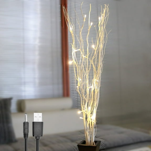 Lightshare 36'' Natural Willow Branches, White Branches, 16 LED Lights, Built-in Timer, Battery Powered and Optional USB Plug-in