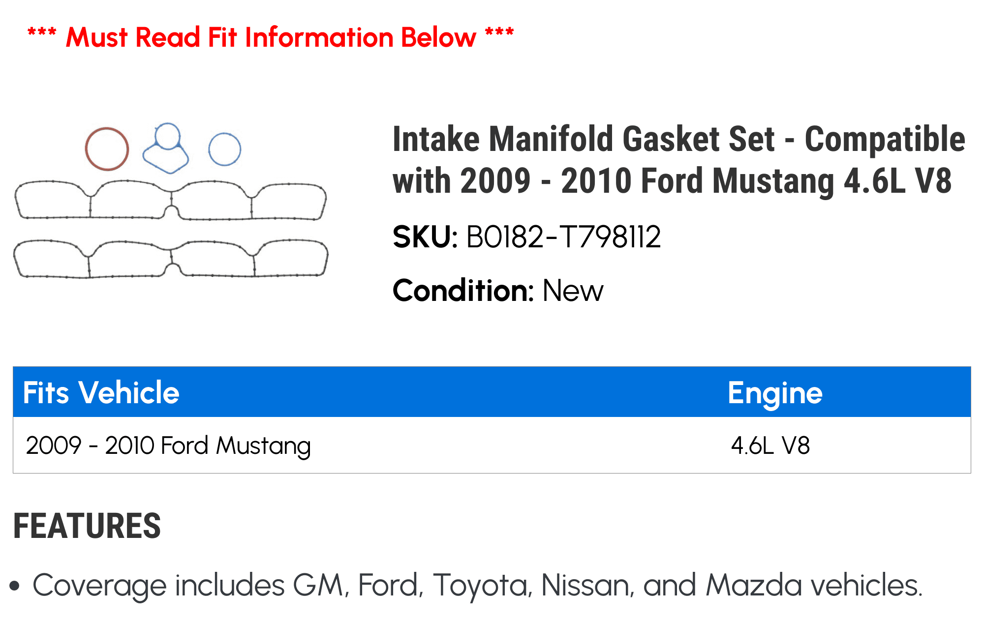 Intake Manifold Gasket Set - Compatible with 2009 - 2010 Ford Mustang 4.6L V8