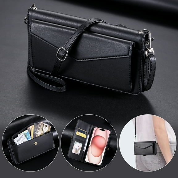 Dteck Crossbody Wallet Case for iPhone 16e,Magnetic Leather Card Slot Cash Pocket Case Shockproof Kickstand Full Body Protection Cover with Shoulder Strap/Wrist Strap,Black