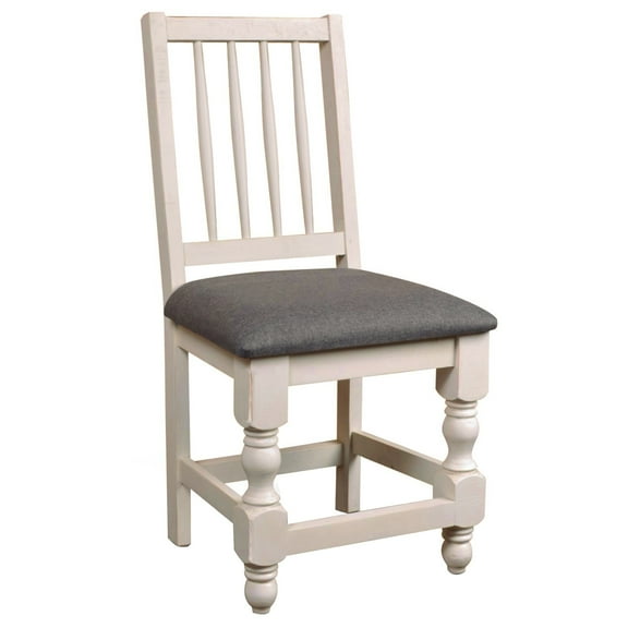 Rustic French Dining Chair in Distressed White Wood/Brown Fabric Seat Set of 2