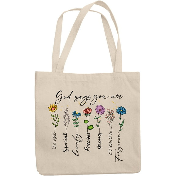 God Says You Are Unique, Precious, Chosen with Flowers Art Merch Gift, 12oz Canvas Tote Bag
