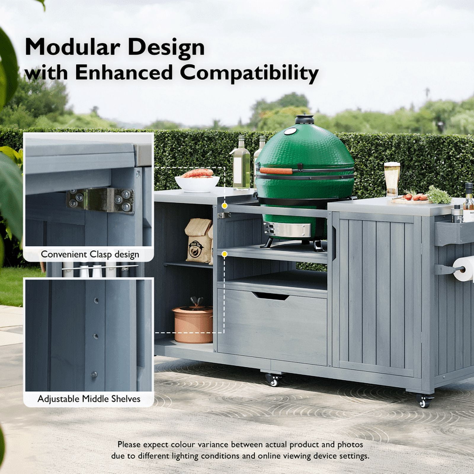 Outdoor Kitchen Island for Big Green Egg Grills, Wood Outdoor Grill Cart with Stainless Steel Top, Drawers and Storage Cabinet, 66.5''W