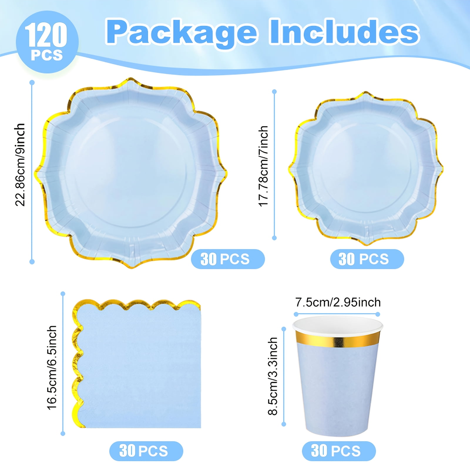 120 Pcs Blue Plates Disposable - Blue and Gold Plates 30 Guest - Baby Shower Disposable Paper Party Supplies for Wedding Birthday Party