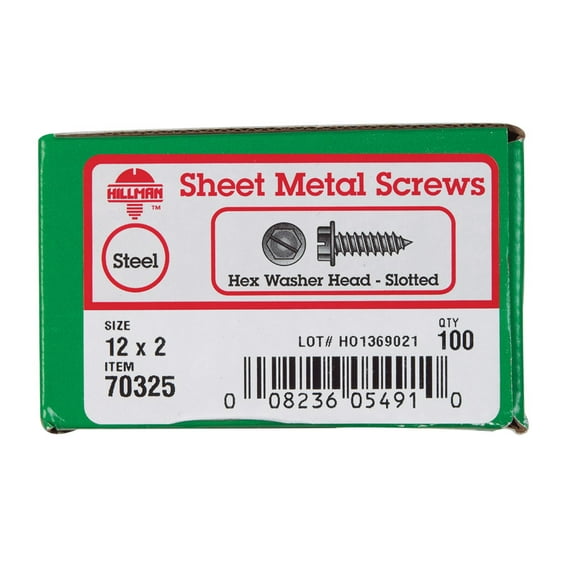 Hillman #12 X 2In Zinc Slotted Hex Head Sheet Metal Screw 100Pk
