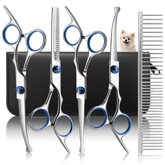 GPED 6 in 1 Dog Grooming Scissors Kit, Professional 4CR Stainless Steel & Heavy-duty Dog Scissors for Grooming w/ Safety Round Tips, Sharp & Study Pet Grooming Shears Kit for Dogs Cats Pets(Blue)