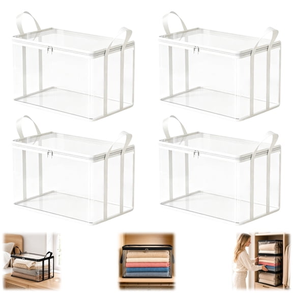 Bisitoy Large Clear Thick Plastic Storage Box with Hinged Lid, Zippered Bag with Handles for Clothes Moving Dorm
