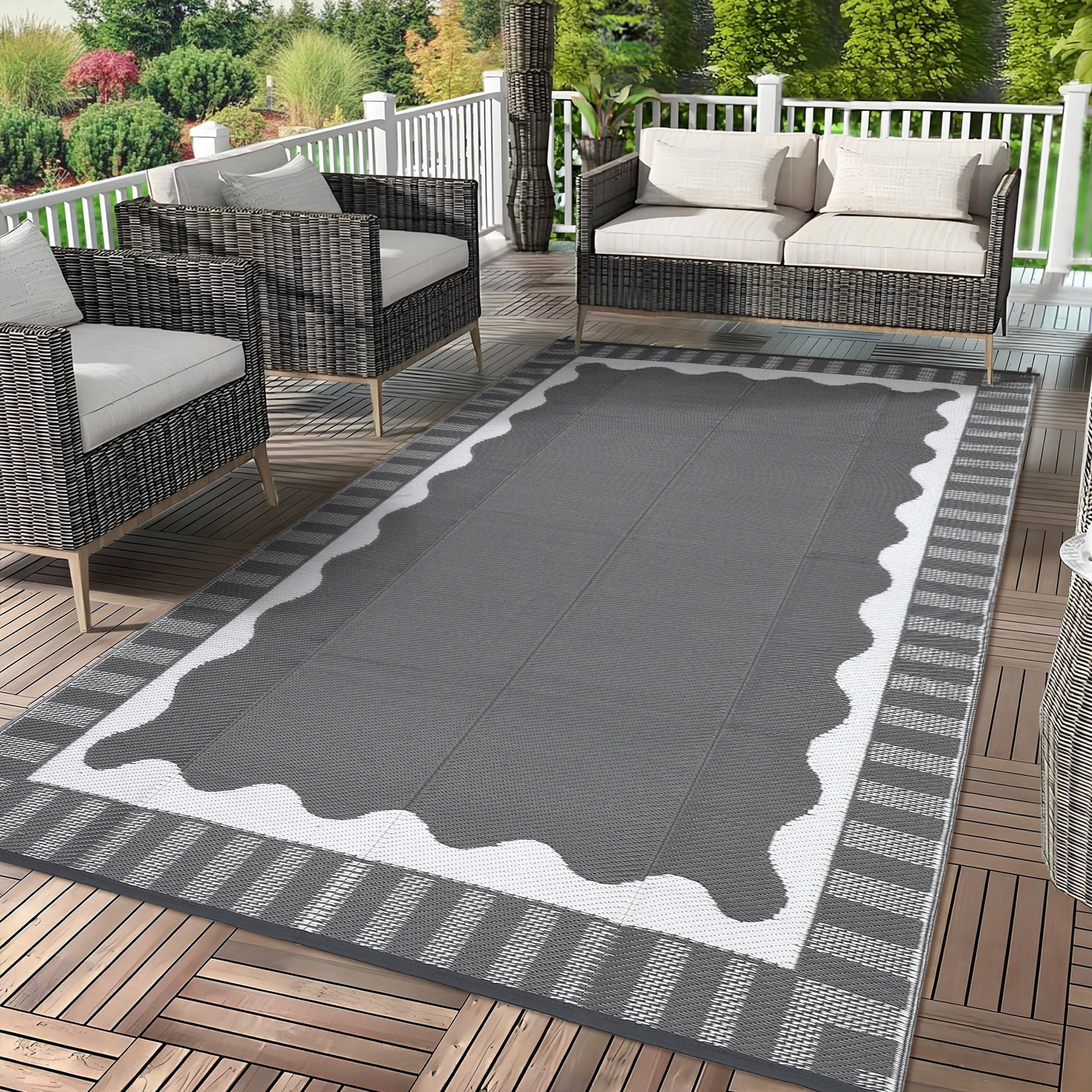Hasoo 9' x 12' Gray/White Outdoor Rug for Patio Decor Waterproof Plastic Straw Modern Geometric Scalloped Bordered Pattern Carpet PP Tube Woven Portable Camping Mat for Picnic Balcony