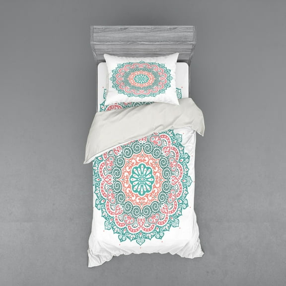 Mandala Duvet Cover Set, Geometric Curly Leaf Effects Culture, Bedding Set with Shams and Fitted Sheet, 3 Sizes, by Ambesonne